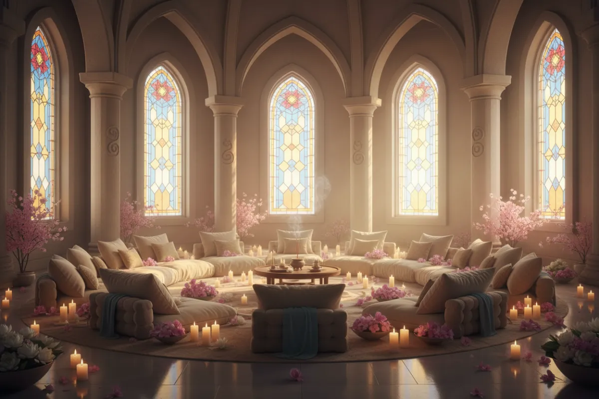 A tranquil temple interior with candles, flowers, and soft cushions arranged in a welcoming circle, sunlight filtering through arched windows, evoking peace and sacredness.