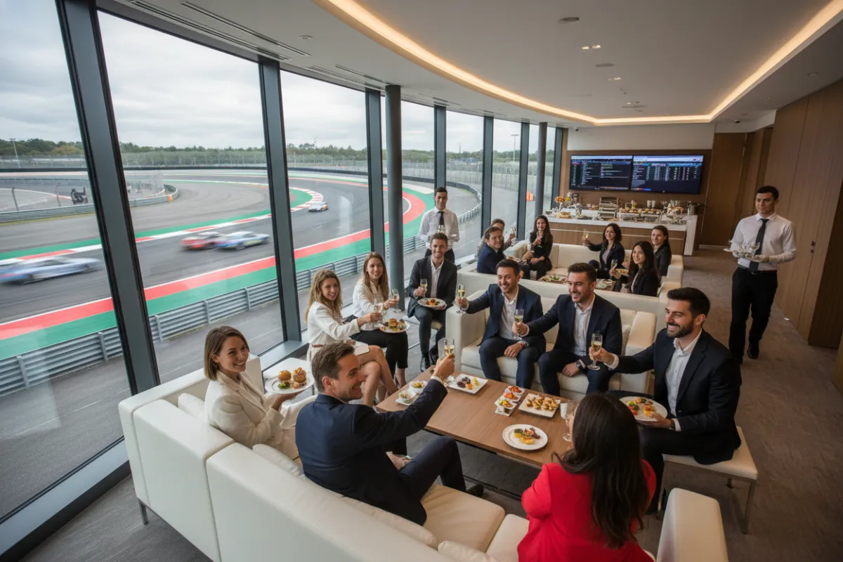 Guests enjoying a VIP motorsport hospitality suite with panoramic track views, gourmet catering, and attentive staff, capturing a premium, relaxed atmosphere.