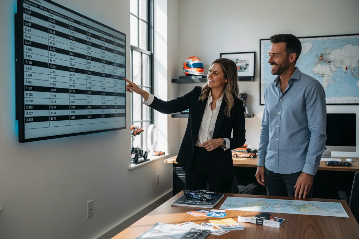 Motorsport travel expert consulting with a client over race event plans, surrounded by memorabilia and travel brochures, in a modern office.