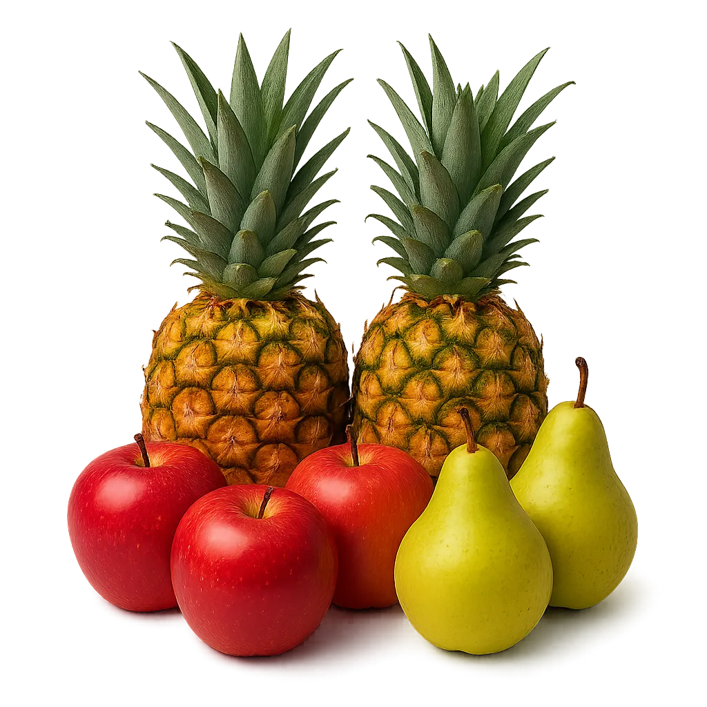 Fresh tropical fruits cutout including pineapples, apples, and pears