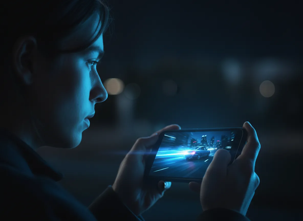 Persona viendo película en celular con iluminación azul nocturna