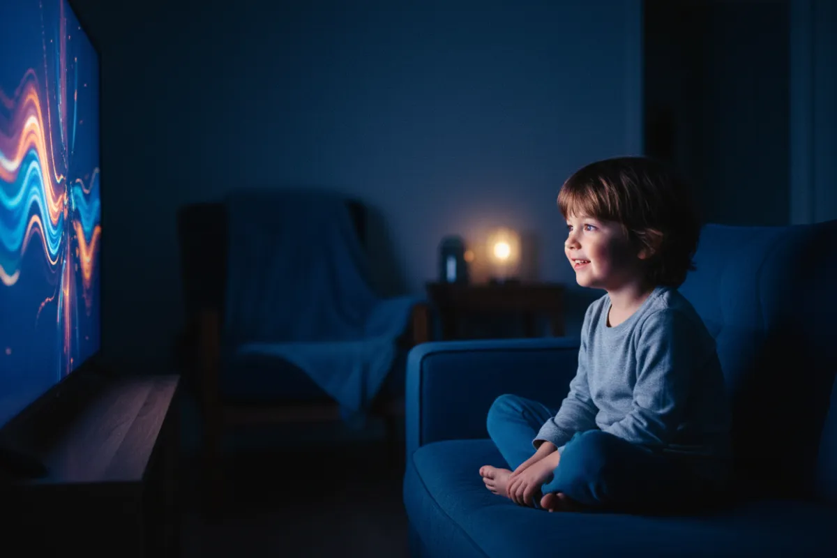 Child watching television, ultra-realistic 4K photograph with dark-blue cinematic premium color grade, warm highlights and cool shadows, natural emotion, subtle film grain, no logos or text