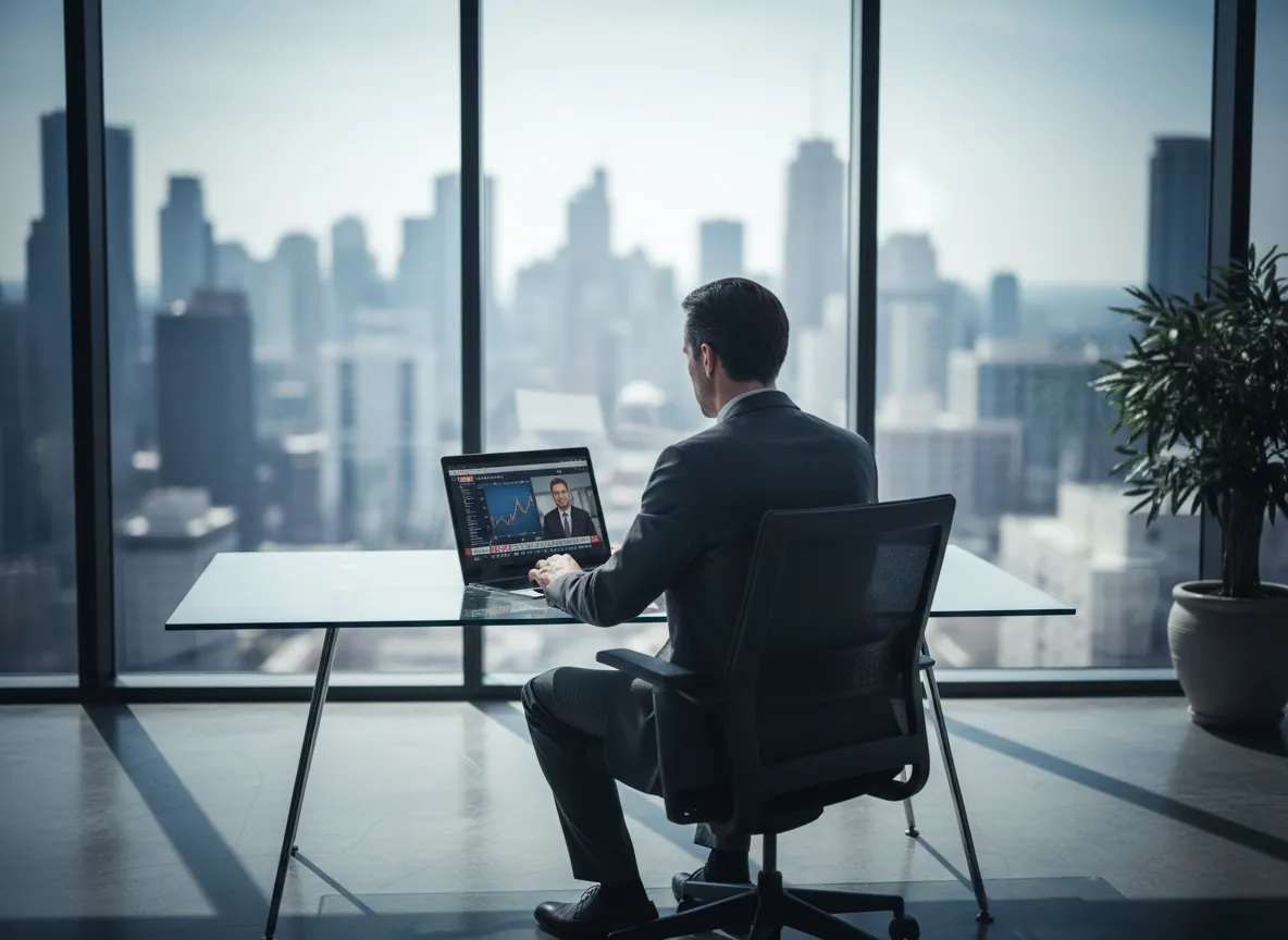 Profesional viendo noticias en laptop en oficina usando DIGITV IPTV