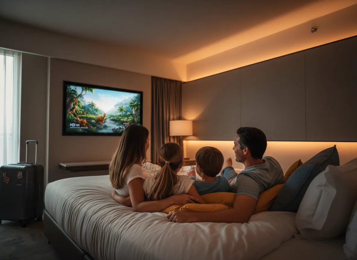 Familia viendo película en hotel con DIGITV IPTV en Smart TV
