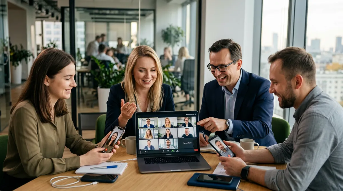 European business professionals collaborating online in a video conference on a laptop