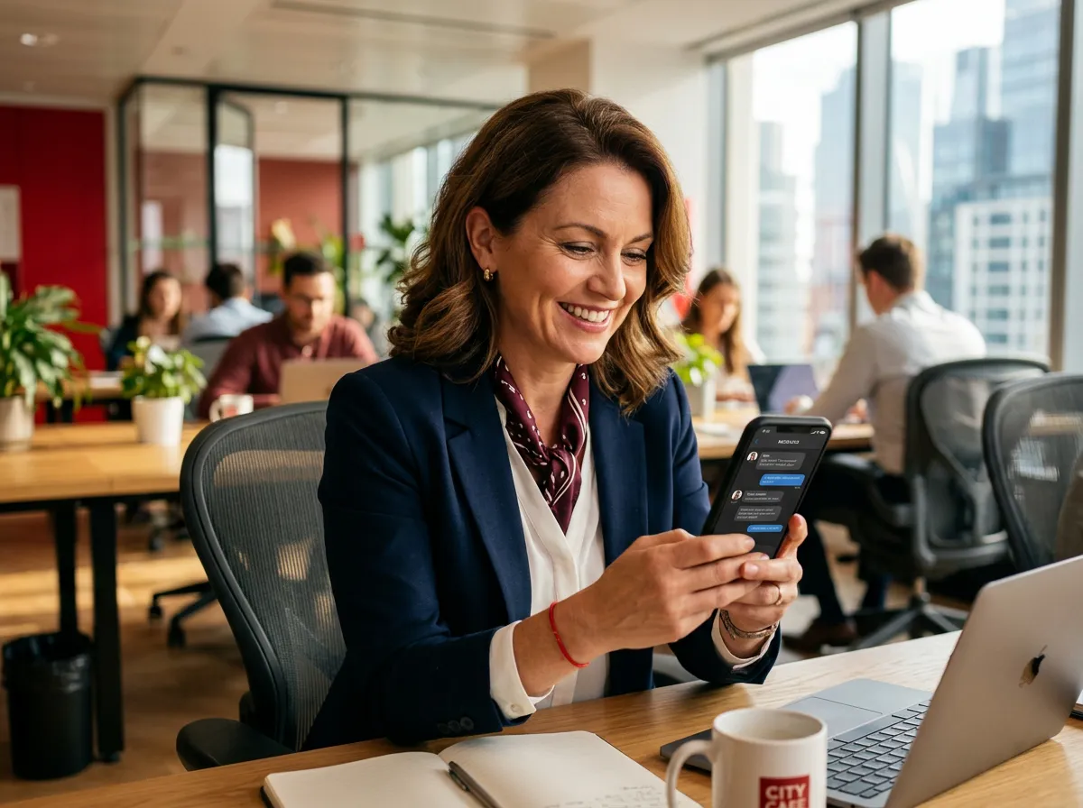 Smiling business professional checking messages on a smartphone