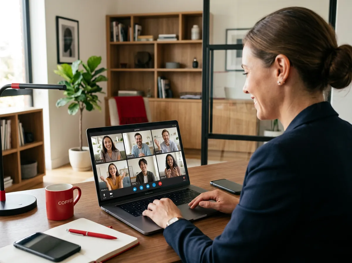 Entrepreneur joining a video conference meeting from a laptop