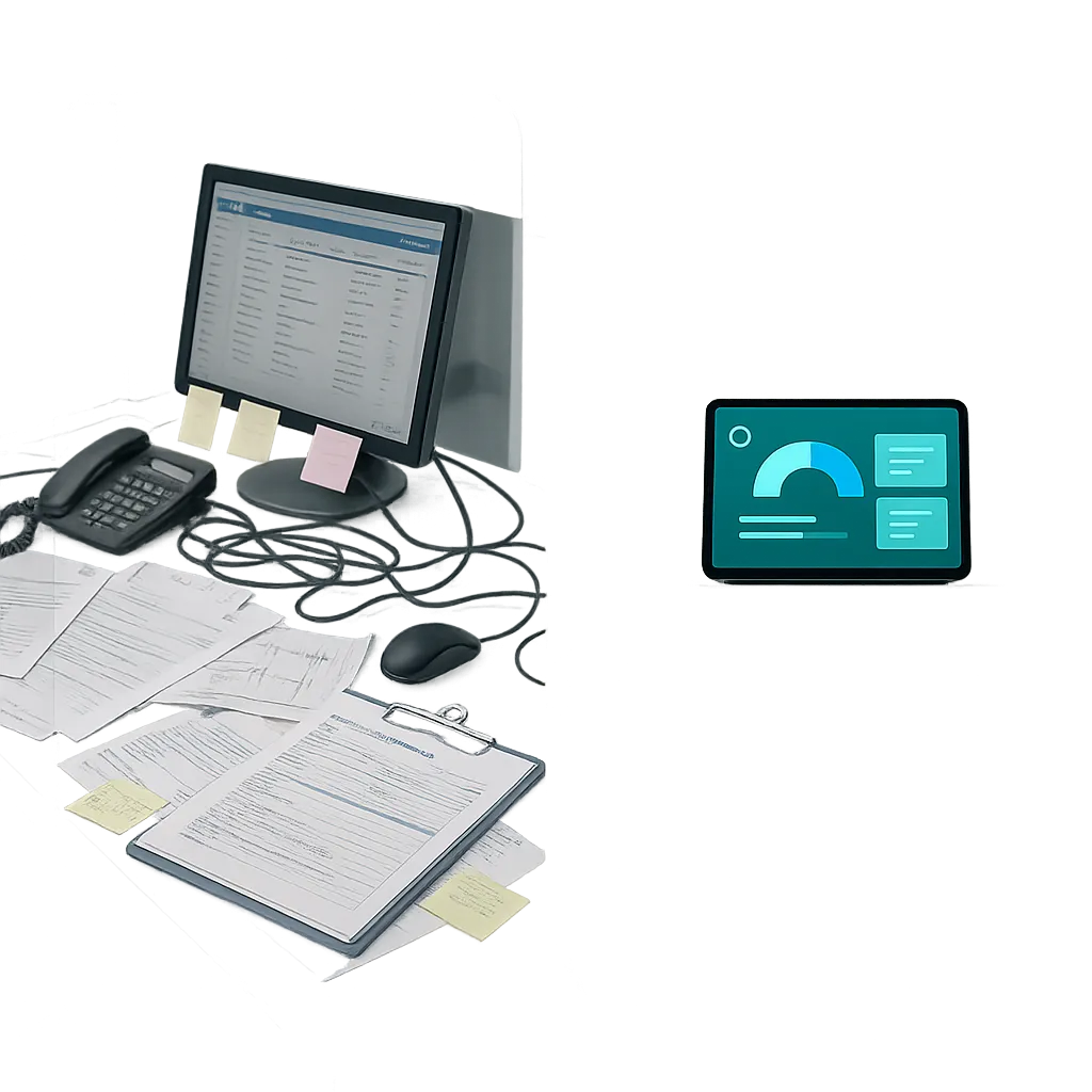 A composite image comparing a chaotic desk with scattered medical documents to a calm, unified Avni interface