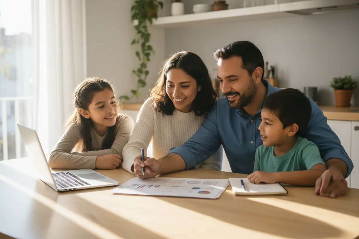 A smiling Latino father and mother sit at a kitchen table with their two children, reviewing financial documents together. Sunlight streams through a window, creating a hopeful, warm atmosphere. The family looks confident and united, with a laptop and notepad in view.