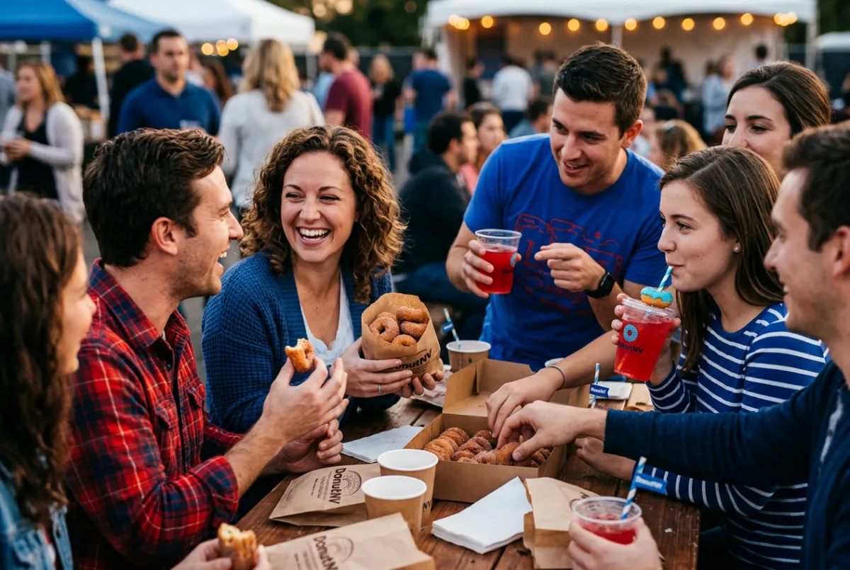 Smiling guests enjoying warm bags of fresh mini donuts with signature beverages