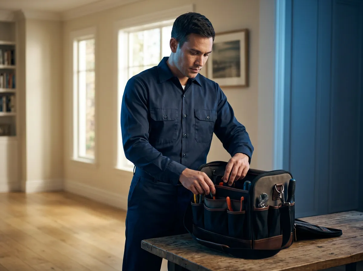 Professional technician organizing a high quality service equipment bag