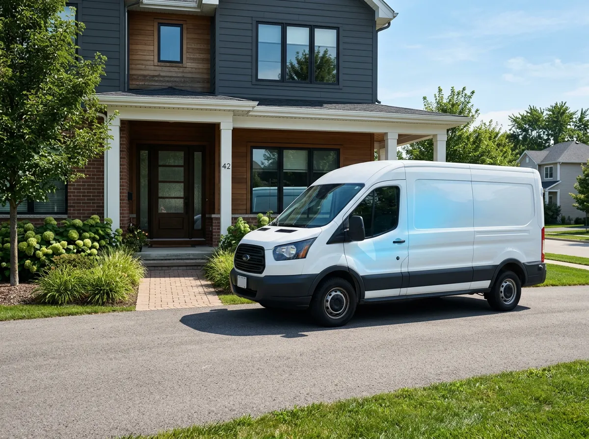 Clean branded service vehicle parked in front of a modern residential home