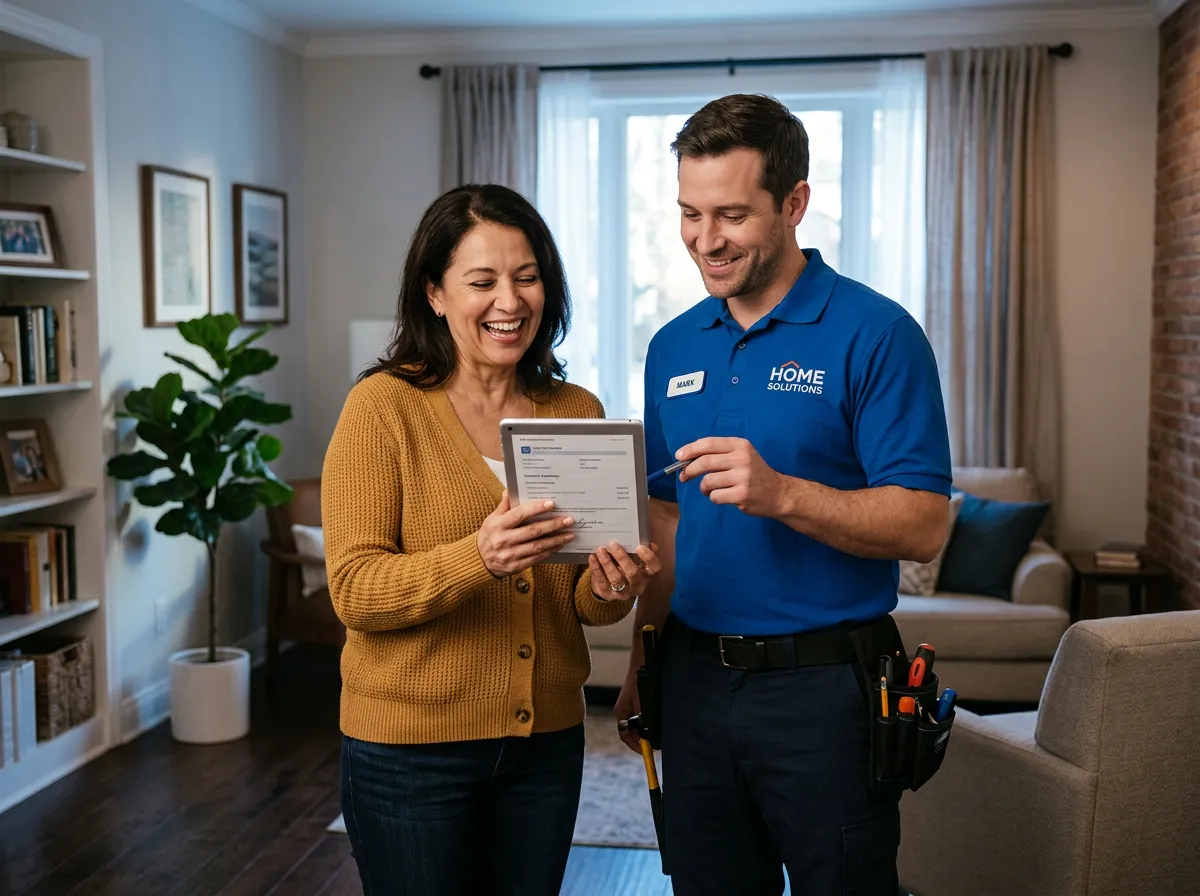 Friendly professional technician reviewing project paperwork with a satisfied homeowner