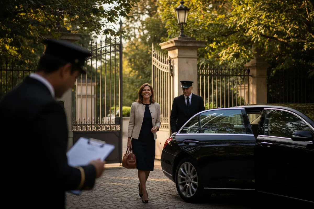 Guest leaving a property smiling with chauffeur waiting, emphasizing privacy-first concierge service.