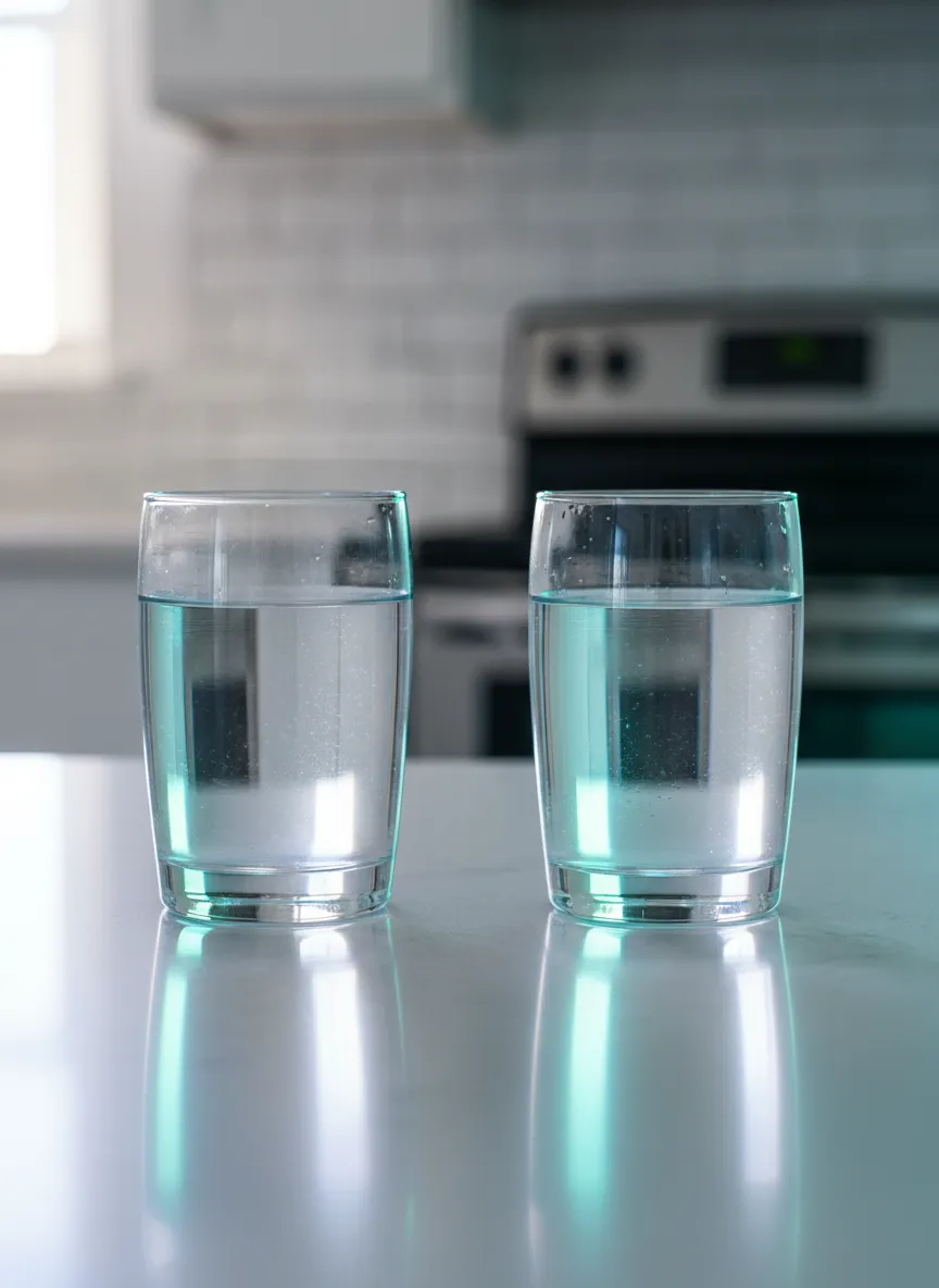 Before and after comparison of cloudy tap water versus crystal clear purified water