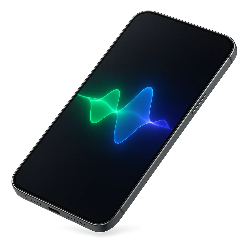 Sleek smartphone cutout displaying vibrant AI voice waveform sound interface in indigo and emerald