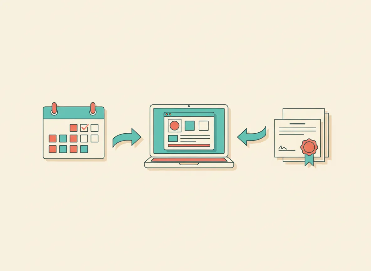 Ilustración retro de calendario, certificados y laptop representando el flujo del curso