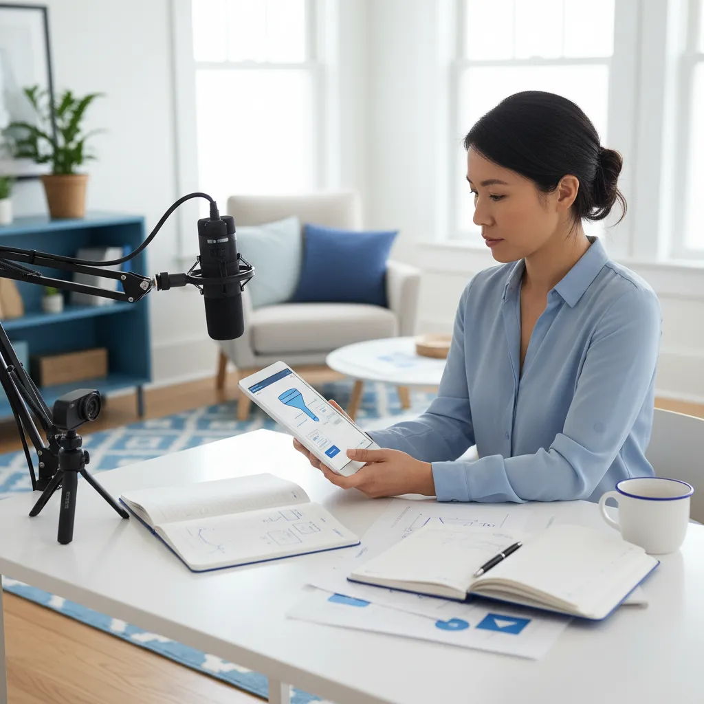 A mid-30s woman of Asian descent, seated at a desk with a microphone and camera, reviewing a funnel-building interface on her tablet, surrounded by notes and a coffee mug, bright home office, blue accents.