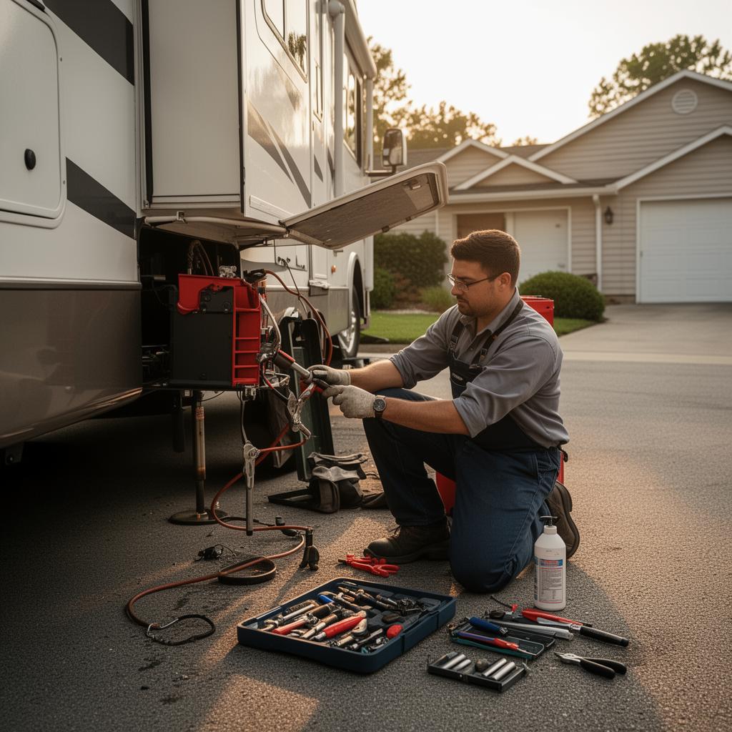 Mobile RV repair technician working on site