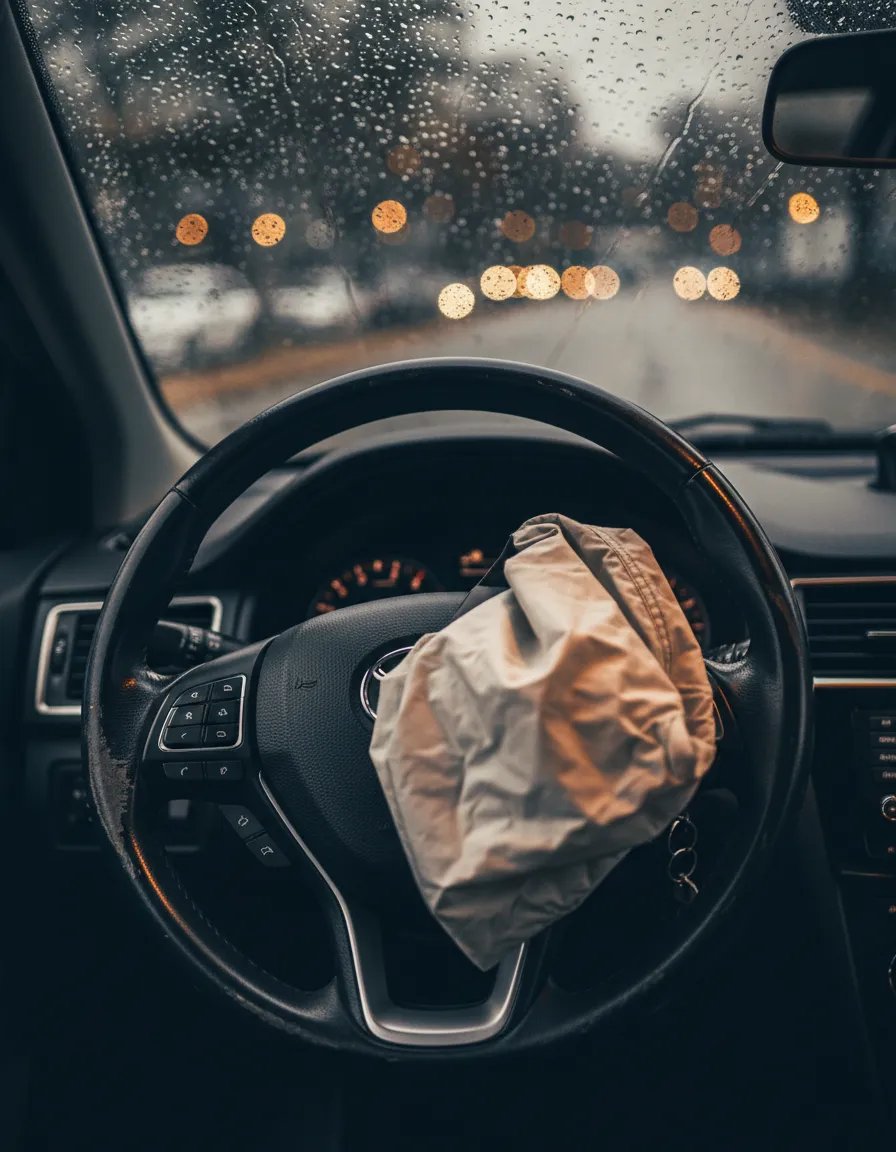 Crashed car steering wheel in soft focus