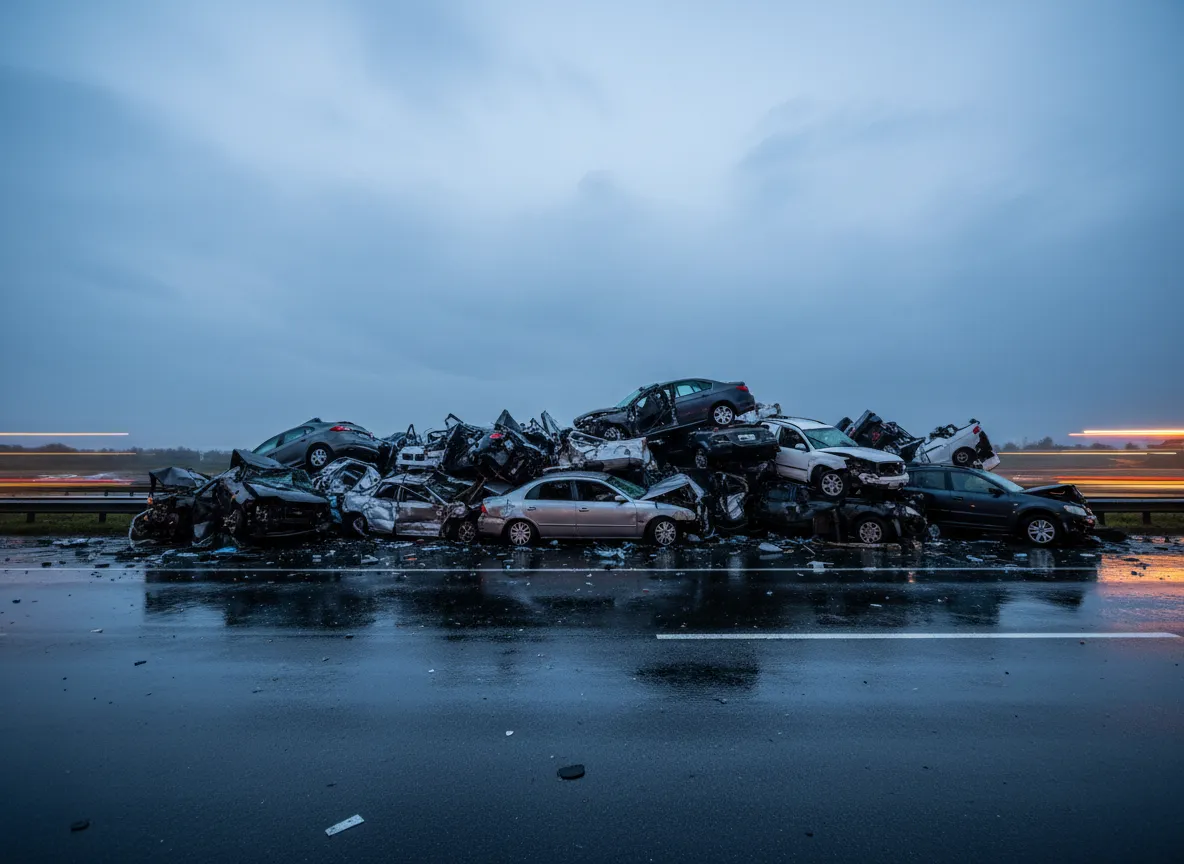 A complex multi-car pileup scene indicating severe property damage