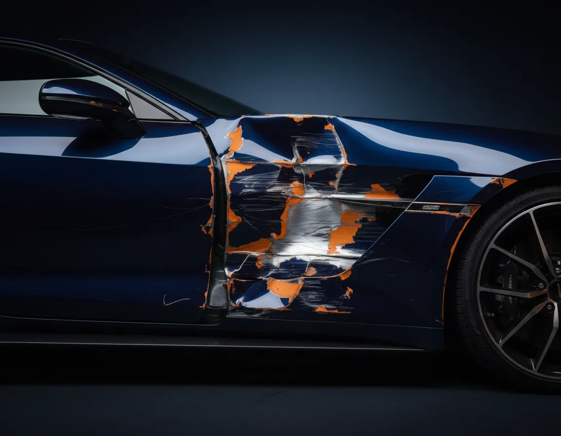 Severe body damage from a sideswipe collision on a St. Louis road