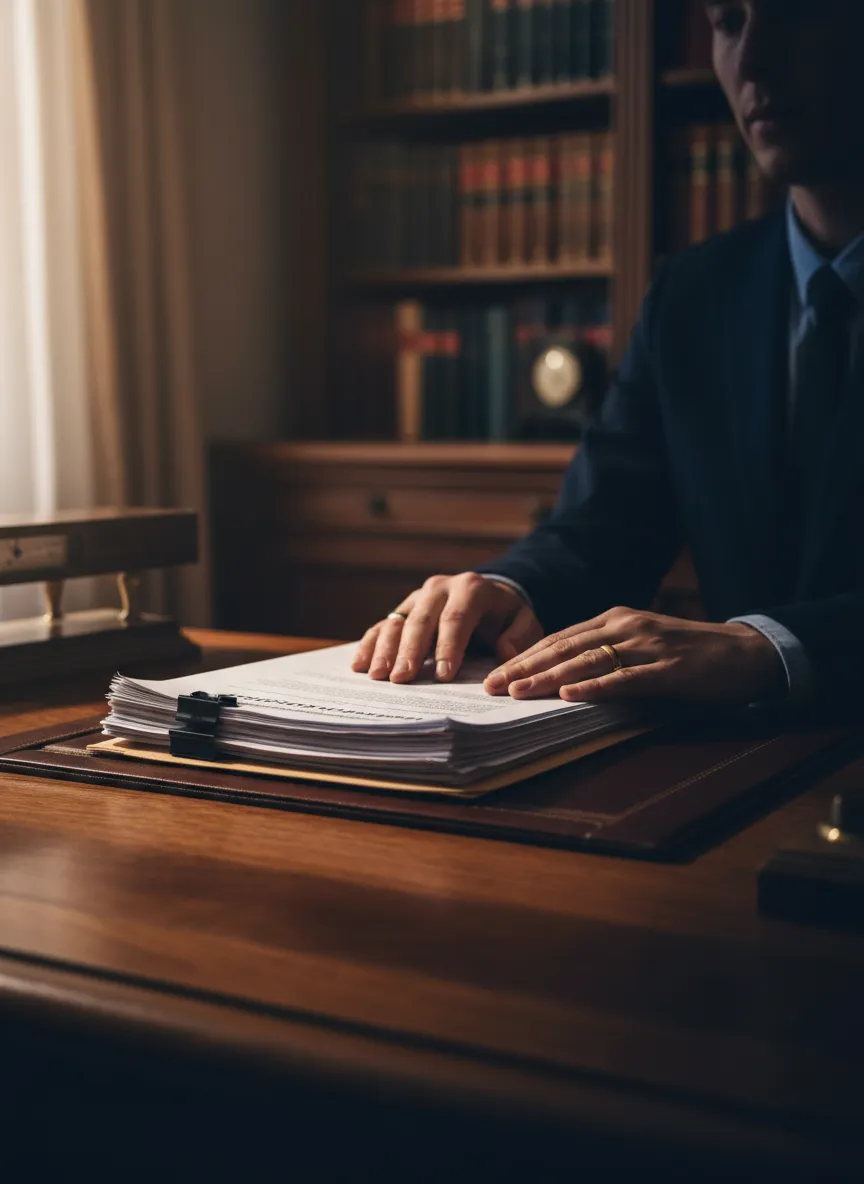 Attorney's hands reviewing medical documents on a heavy oak desk