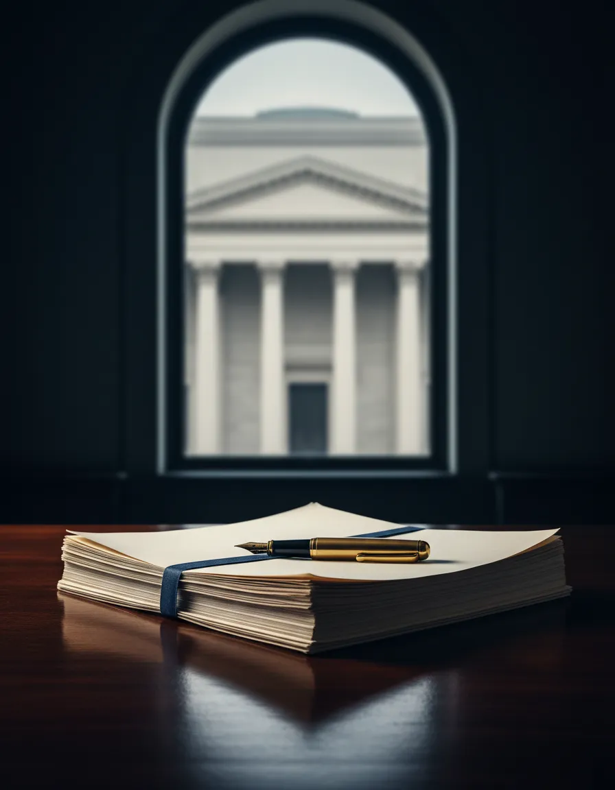 Legal files stacked in front of a courthouse