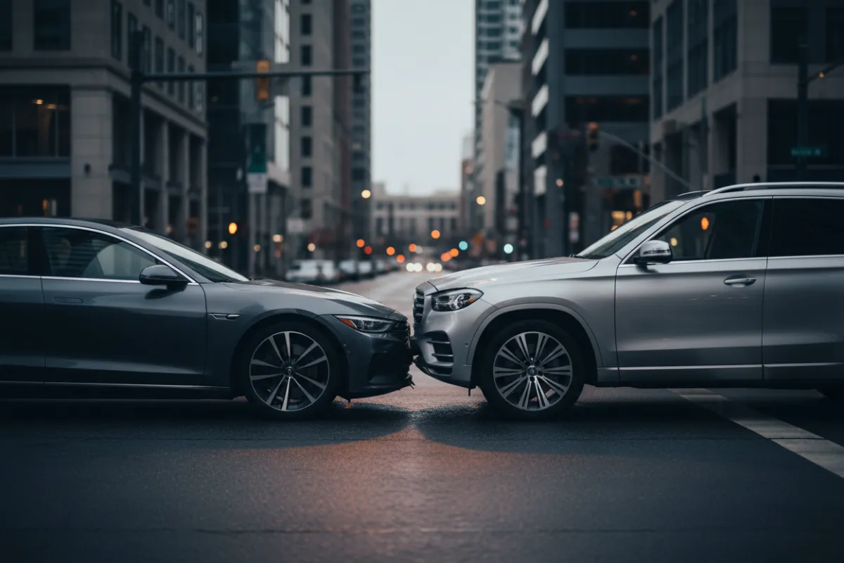 Serious car accident involving multiple vehicles on a rain-soaked roadway in St. Louis, Missouri, with police and ambulance responding to the crash scene, representing legal services provided by St. Louis car accident attorney Craig Concannon.