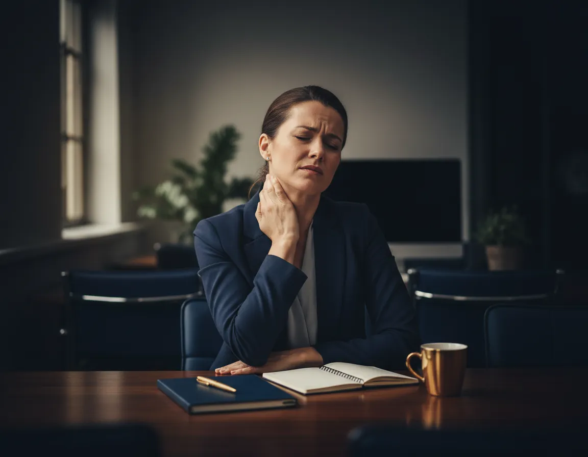 Person rubbing their neck at a work desk
