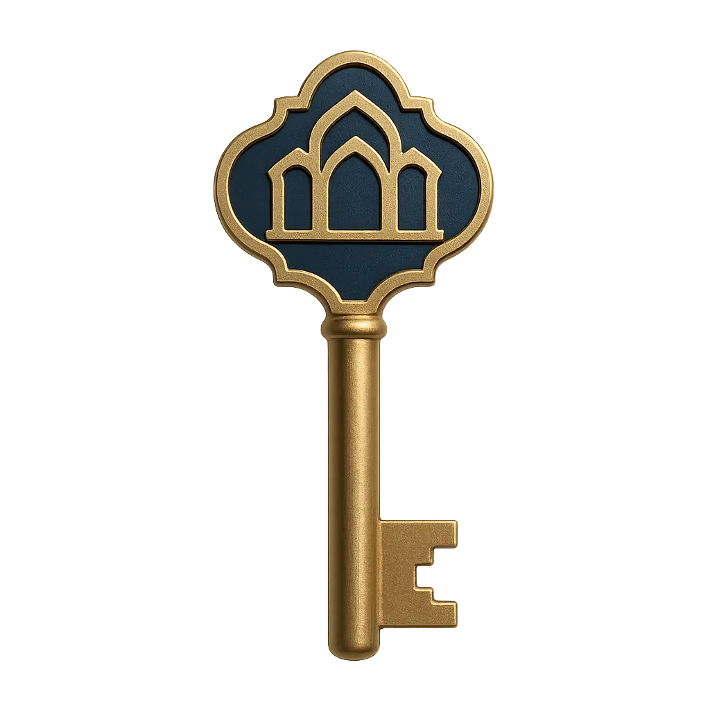 Ornate golden key floating with architectural lines, premium real estate motif