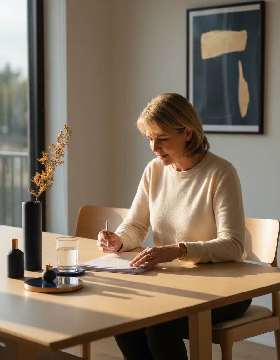 Caregiver deep in thought at a table with legal papers