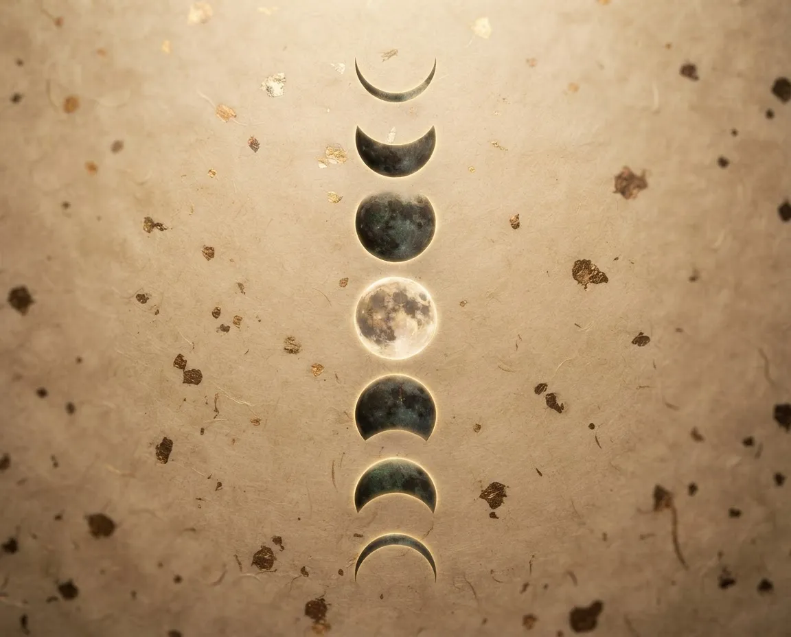 Luminous moon phases arranged in quiet geometric progression over deep natural tone