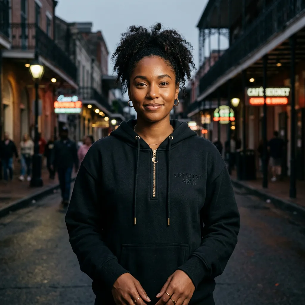Customer portrait of Tiffany L. wearing streetwear hoodie