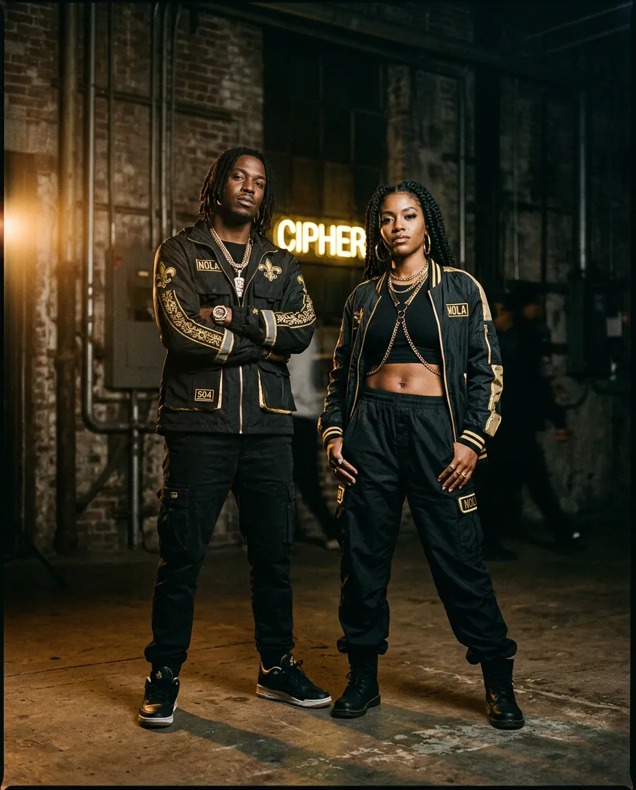 Duo in black and gold streetwear captured in moody low-light warehouse district cipher