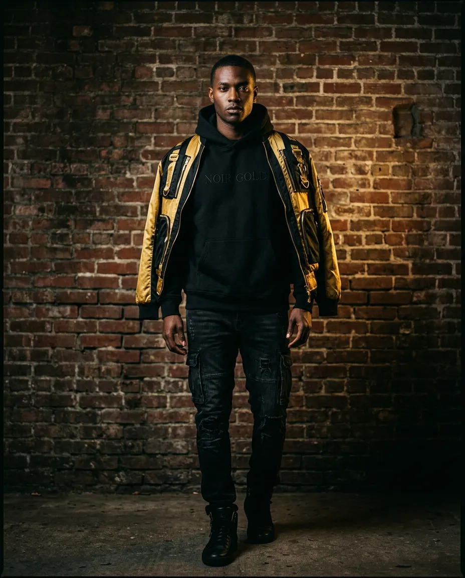 Gritty streetwear model wearing black hoodie against weathered French Quarter brick wall