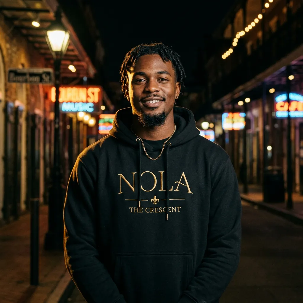 Customer portrait of Marcus B. wearing NOLA streetwear