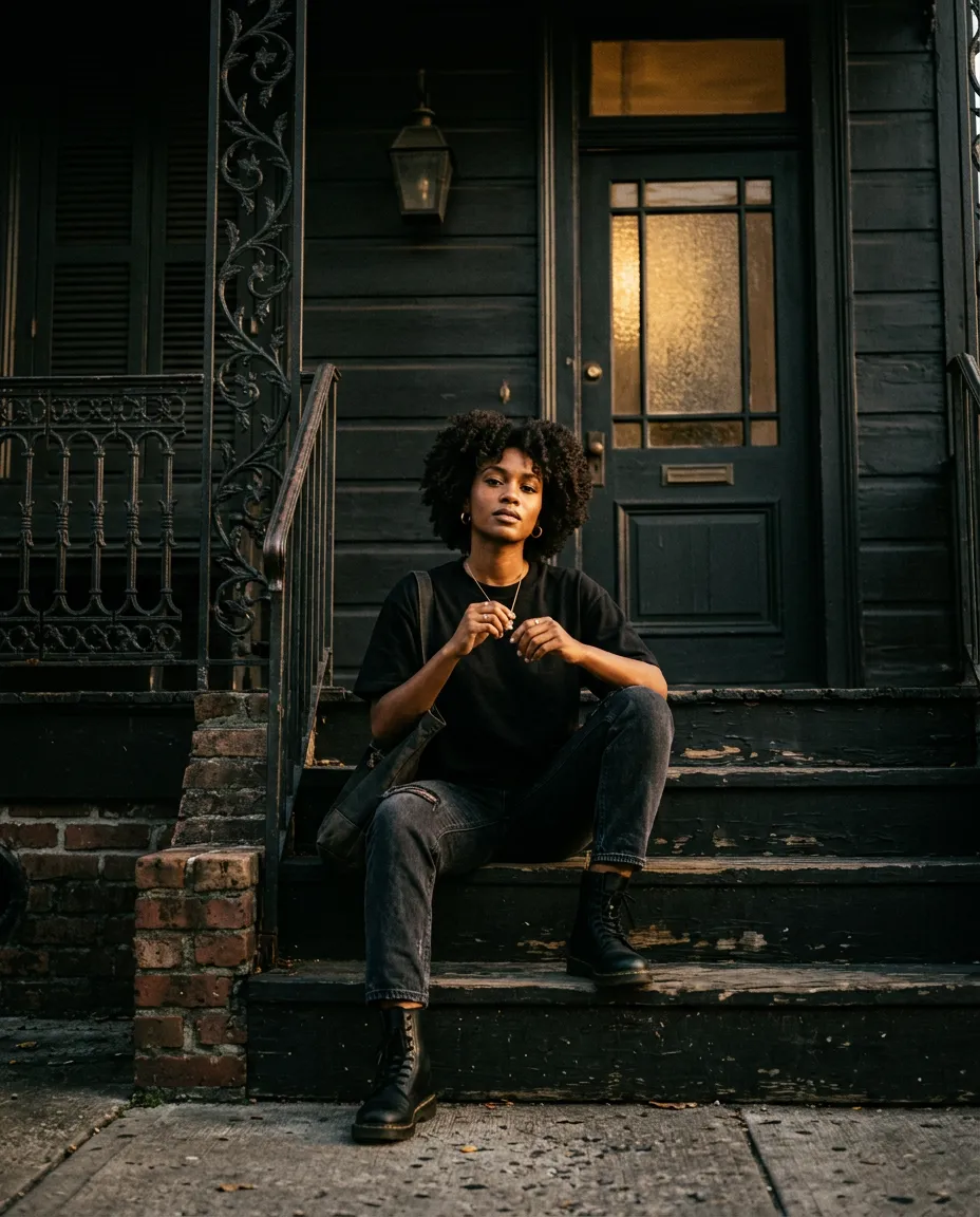 Model wearing relaxed-fit boxy tee sitting on high-contrast New Orleans shotgun house stoop