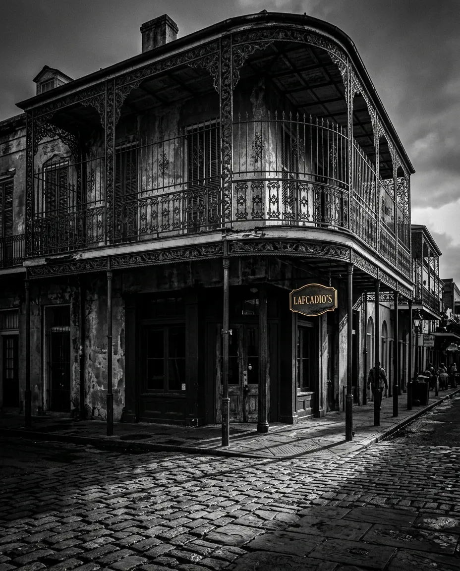 High contrast black and white street photography of the historic French Quarter New Orleans architecture and ironwork