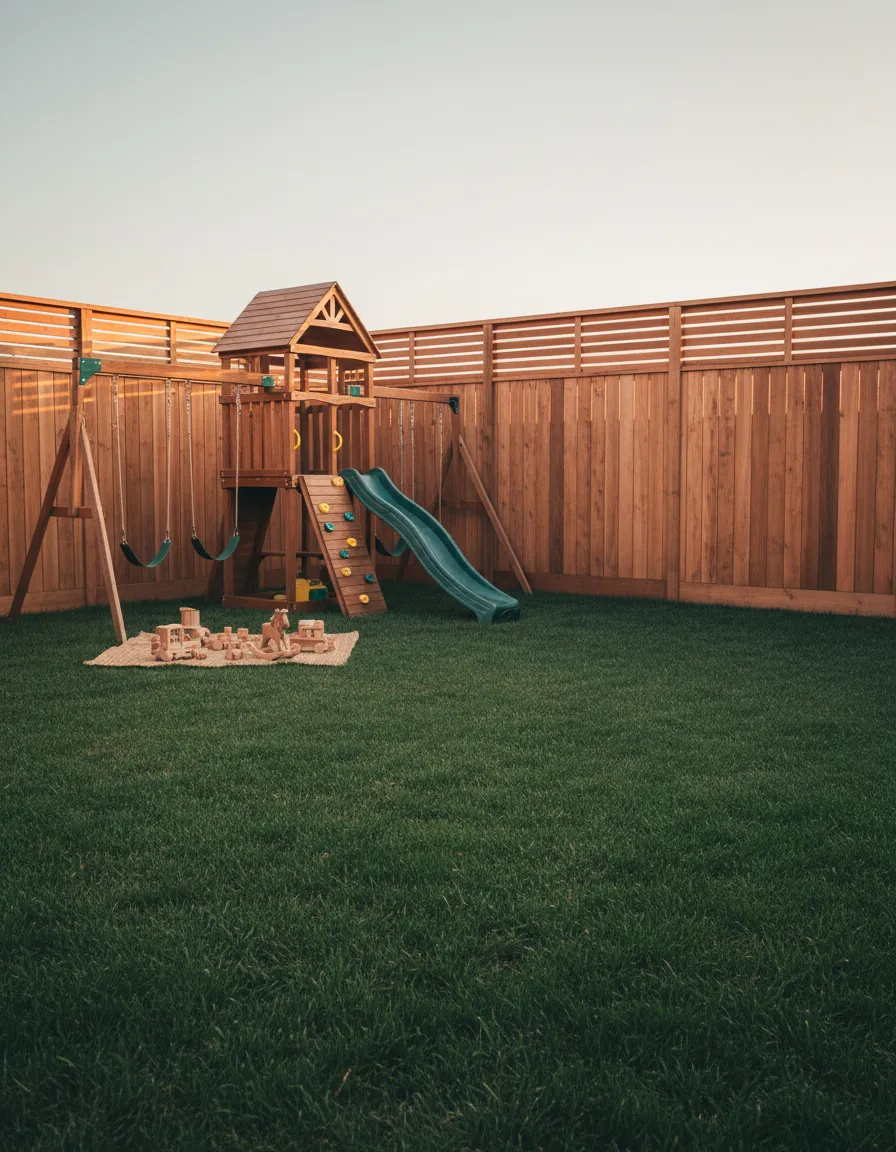 Secure fenced backyard play area at The Stay