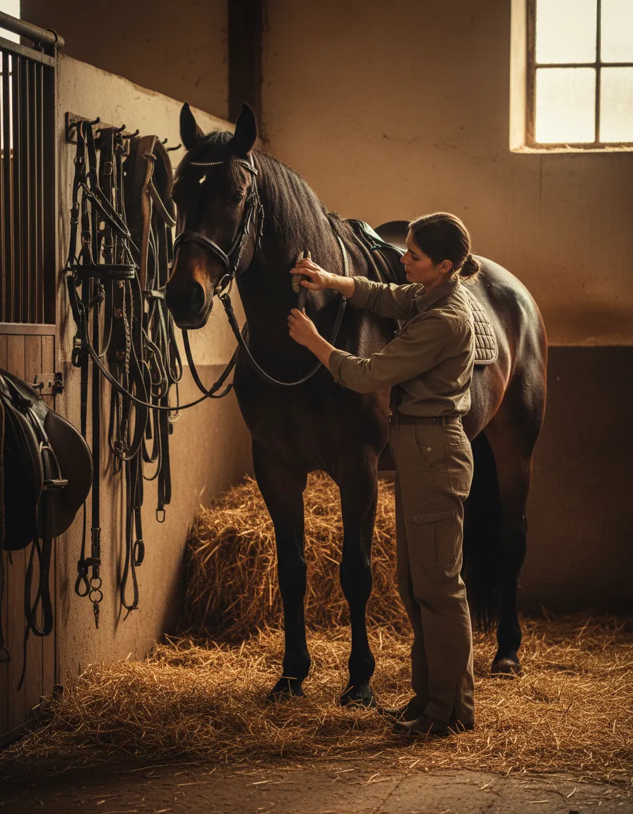 Founder preparing a horse with rugged riding gear