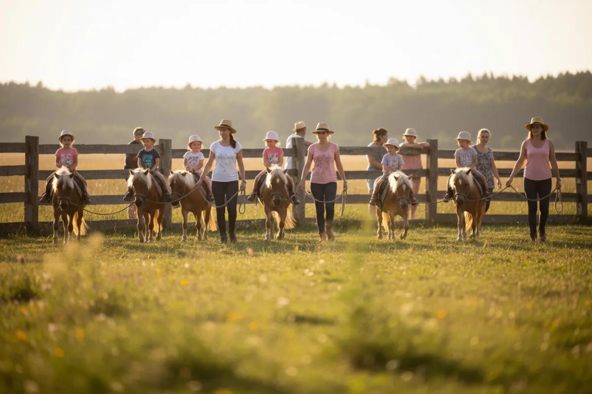 Photorealistic warm candid sunlit photo of children riding calm ponies in a fenced area, each pony being led by an instructor; shallow depth of field, natural colors, family-friendly composition