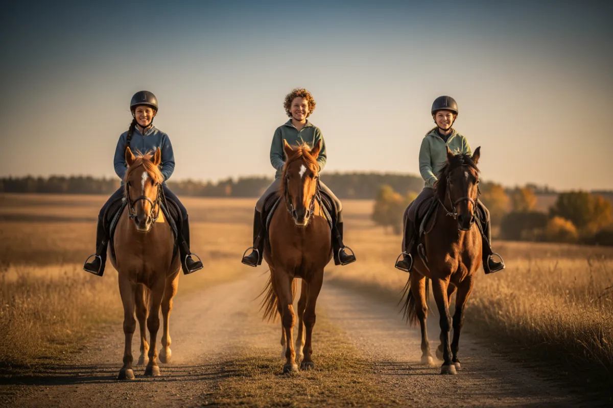 Photorealistic photo of three kids (ages 12, 14, 15) riding horses