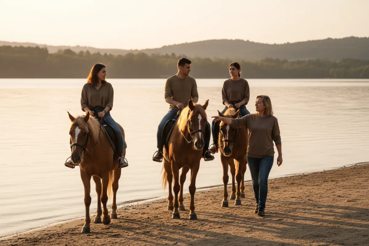 Photorealistic photo of beginner riders on horses along a lake, wearing non-western clothing and no hats