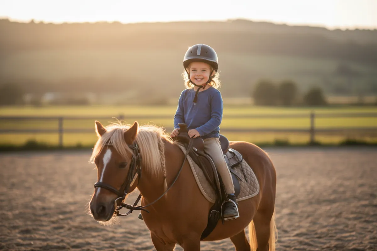 Photorealistic photo of a 6-year-old child riding a horse