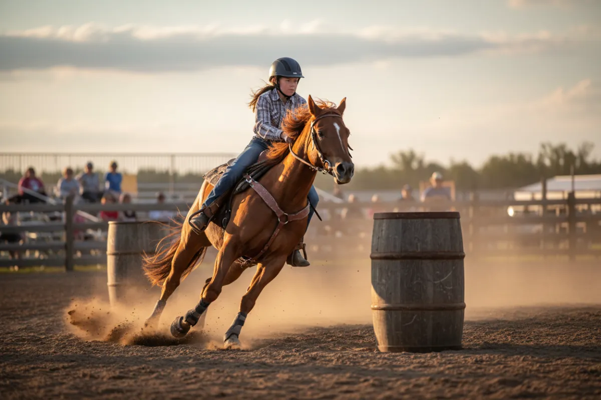 Photorealistic photo of a 13-year-old wearing a helmet riding a horse around barrels outdoors, centered rider with motion blur and dust, natural lighting, family-friendly