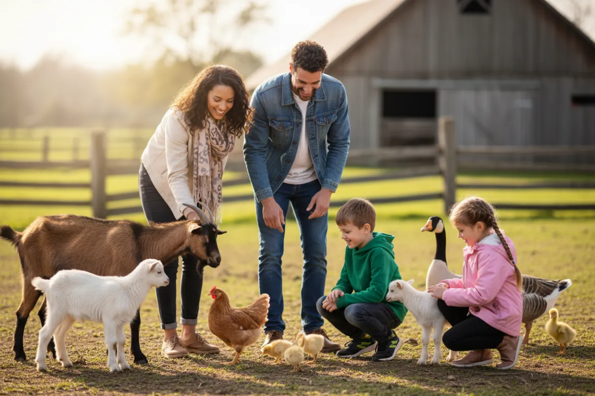 Photorealistic warm candid photo of a family in street clothes (visitors) interacting with goats, chickens, and geese, including baby animals (kids, chicks, goslings); outdoor farm setting, natural light, family-friendly composition