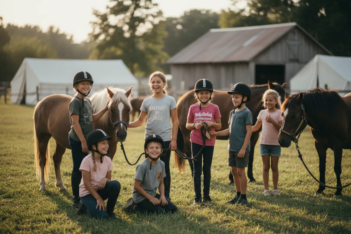 Photorealistic group of summer campers at a horse summer camp