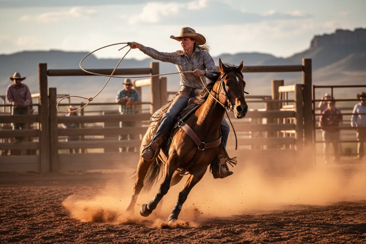 Photorealistic female roper on horseback mid-rope throw in a dusty rodeo arena, warm natural lighting, high resolution