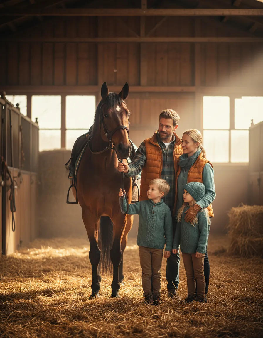 A warm, realistic photo of the stable owners gently guiding a horse alongside a family.
